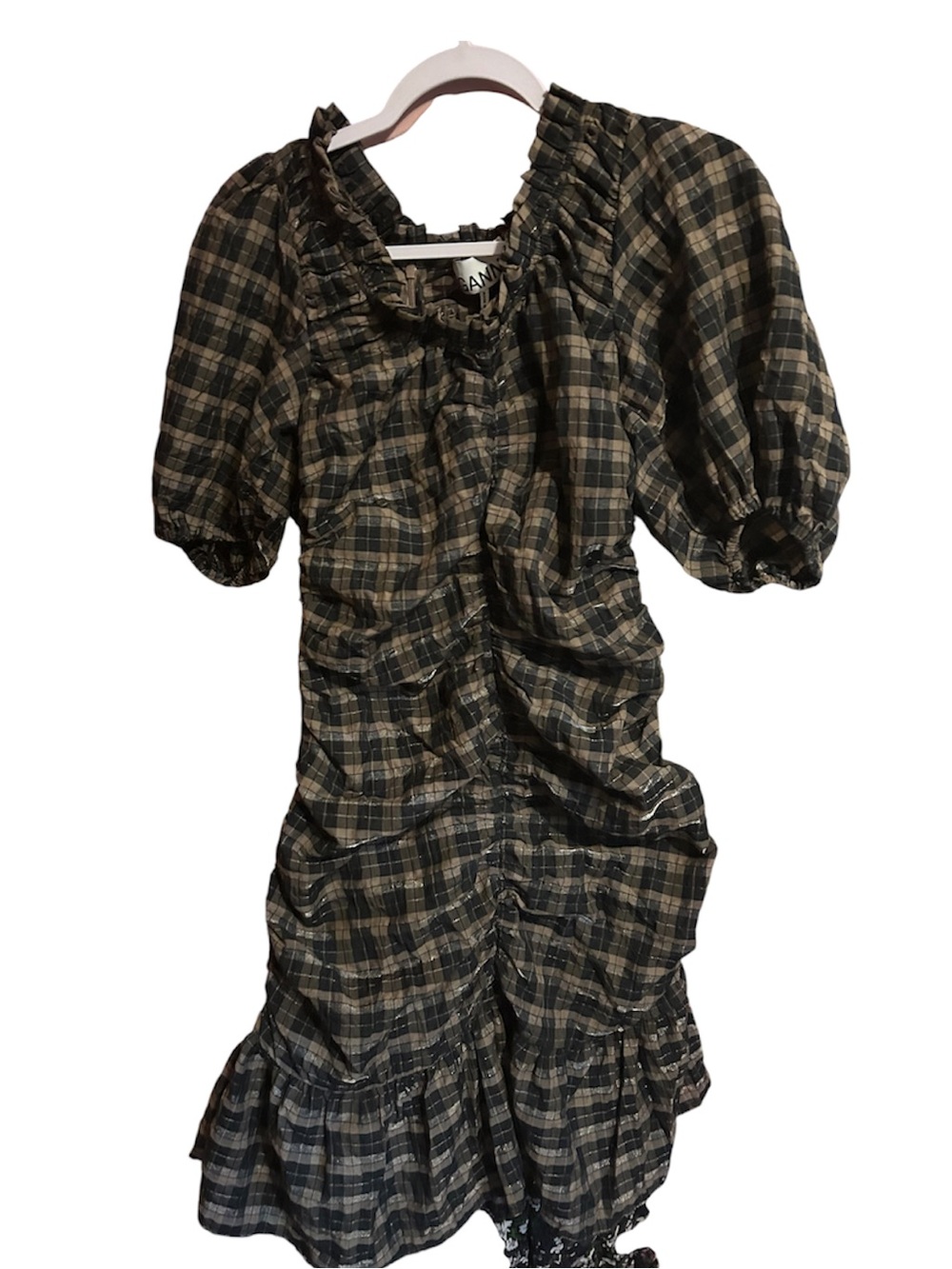 GANNI Ruched Checked Seersucker Mini Dress Fossil Size 38 NWT